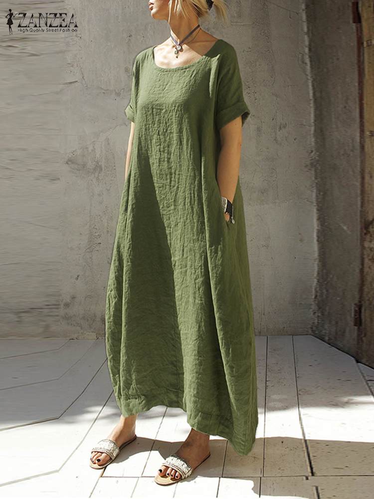 2022 فستان صيفي صلب متوسط الساق من ZANZEA حريمي كلاسيكي قصير الأكمام فستان فضفاض غير رسمي حفلة شاطئ فيستدو رداء نسائي كبير الحجم