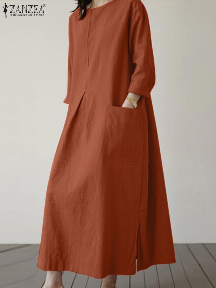 فستان نسائي ربيعي من ZANZEA مقاس كبير 3/4 كم بلون سادة فساتين غير رسمية موضة للإجازات فستان صيفي جيب من Vestidos قفطان