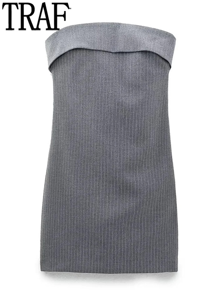 TRAF مخطط فساتين قصيرة ل بلوزات غير مغطية للكتف Bodycon فستان المرأة رمادي عارية الذراعين مثير ليلة فساتين الحفلات فستان قصير