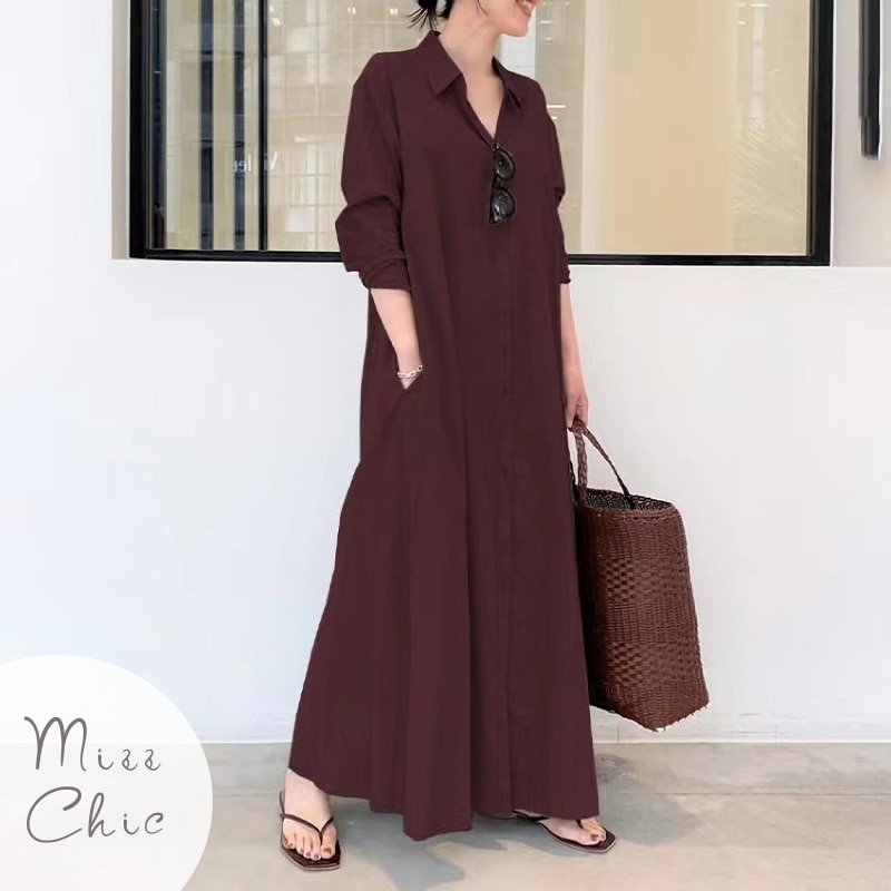 جيوب المرأة قميص فستان ماكسي شيك بلون كم طويل واحدة الصدر ألف خط فساتين قطنية فام ملابس الخريف غير رسمية