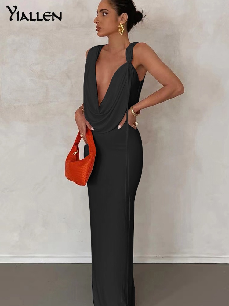 Yiألين الخريف جديد أنثى مثير شارع اطلاق النار موضة الخامس طوق فستان 2022 بلا أكمام فستان طويل للمرأة العصرية ملابس الشارع الساخن