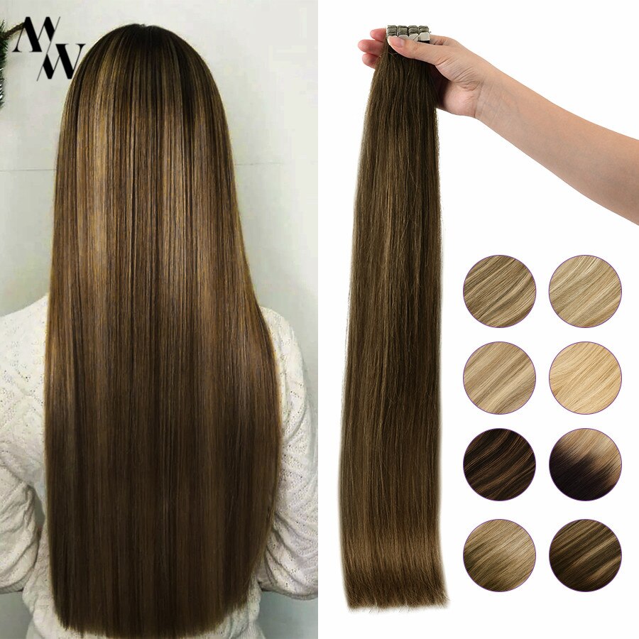 MW شريط صغير في شعر مستعار بشري Balayage شعر أشقر غير شعر ريمي طبيعي وناعم الجلد لحمة مستقيم سلس الشعر أومبير