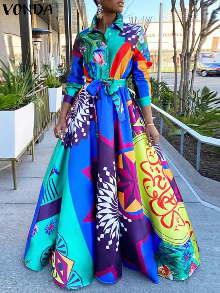 فستان بطيات بوهيمي مطبوع من فوندا لعام 2022 فستان نسائي طويل بأكمام طويلة بأزرار أنيقة وفضفاضة للحفلات