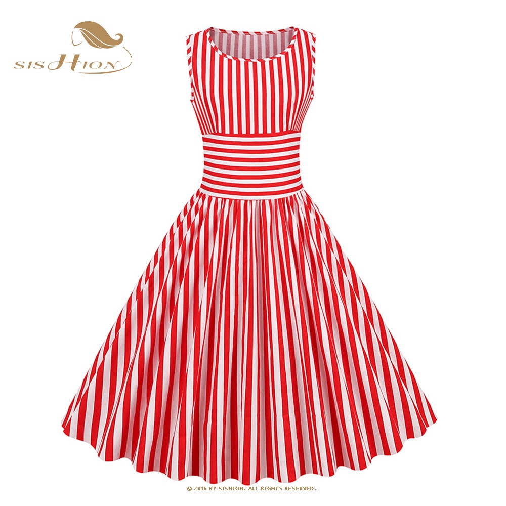 فساتين قطنية من SISHION gكنغهام 50s Pinup Rockabilly للنساء على شكل حرف o بدون أكمام عالية الخصر منقوشة مطوي فستان عتيق VD3329