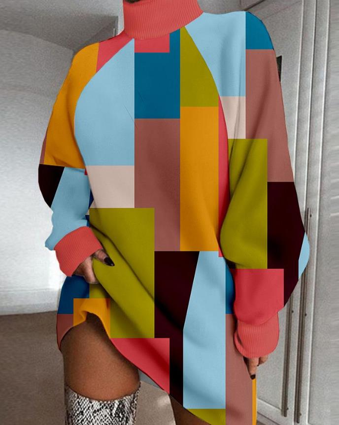 هندسي طباعة عالية الرقبة كم طويل فستان كاجوال أوروبا وأمريكا موضة ملابس نسائية رسالة فستان فساتين صغيرة