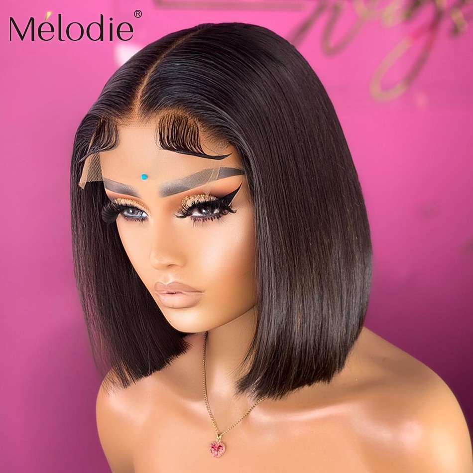 ميلودي 13x4 العظام مستقيم قصير بوب الدانتيل الجبهة خصلات الشعر المستعار الإنسان 13x6 الدانتيل الباروكة أمامي شعر ريمي 4x4 إغلاق الباروكات للنساء السود