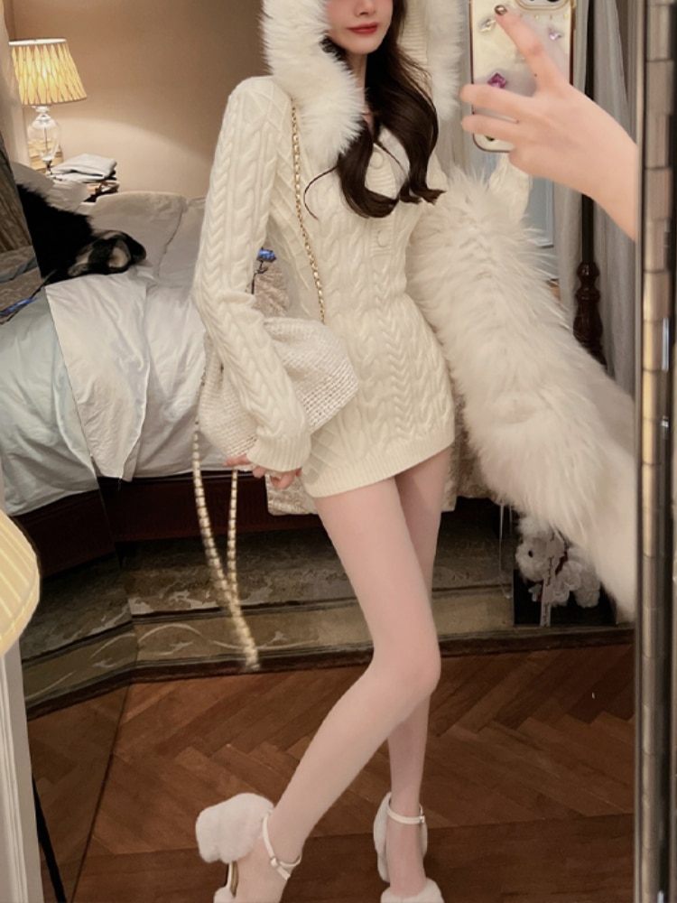 فستان حريمي ضيق موضة كورية كنزة دافئة موضة شتاء 2023 أنيق بلون محبوك فستان حريمي ضيق Y2k مصمم بقلنسوة