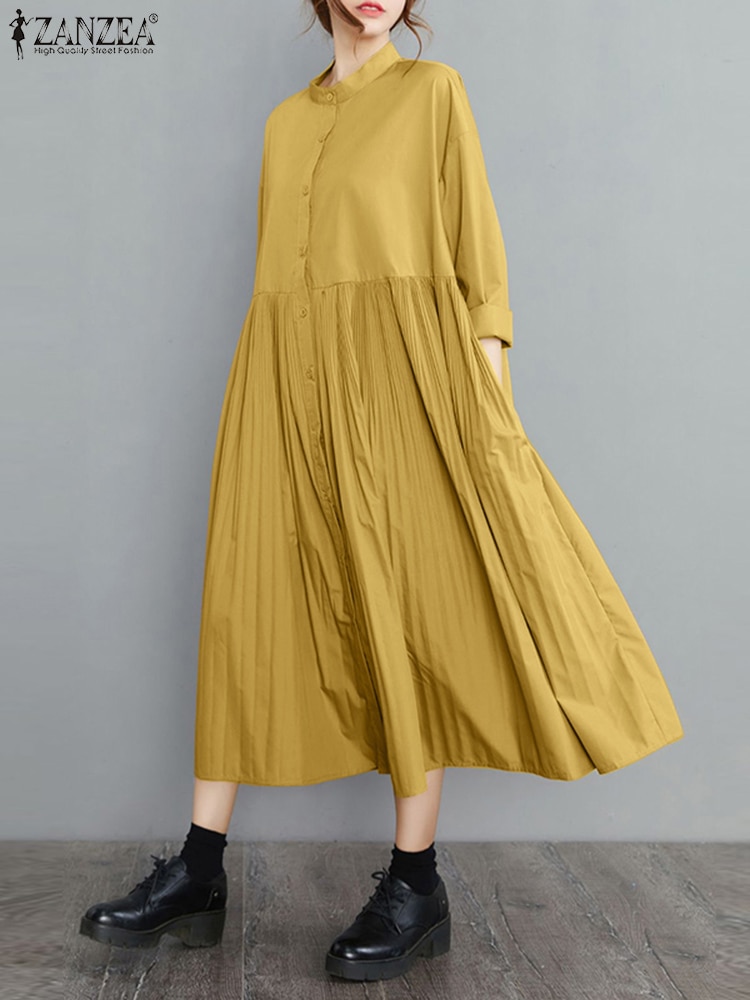 فستان نسائي ربيعي مضبوط ذو مقاس كبير بتصميم عصري من ZANZEA برقبة طويلة وأكمام طويلة من Vestido فستان صيفي متوسط الطول رداء نسائي
