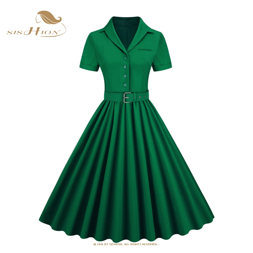 فستان تونك قطن أخضر ميدي مطوي بزر حتى خمر المرأة كم قصير مربوط Pinup Rockabilly فساتين عيد الميلاد VD3320