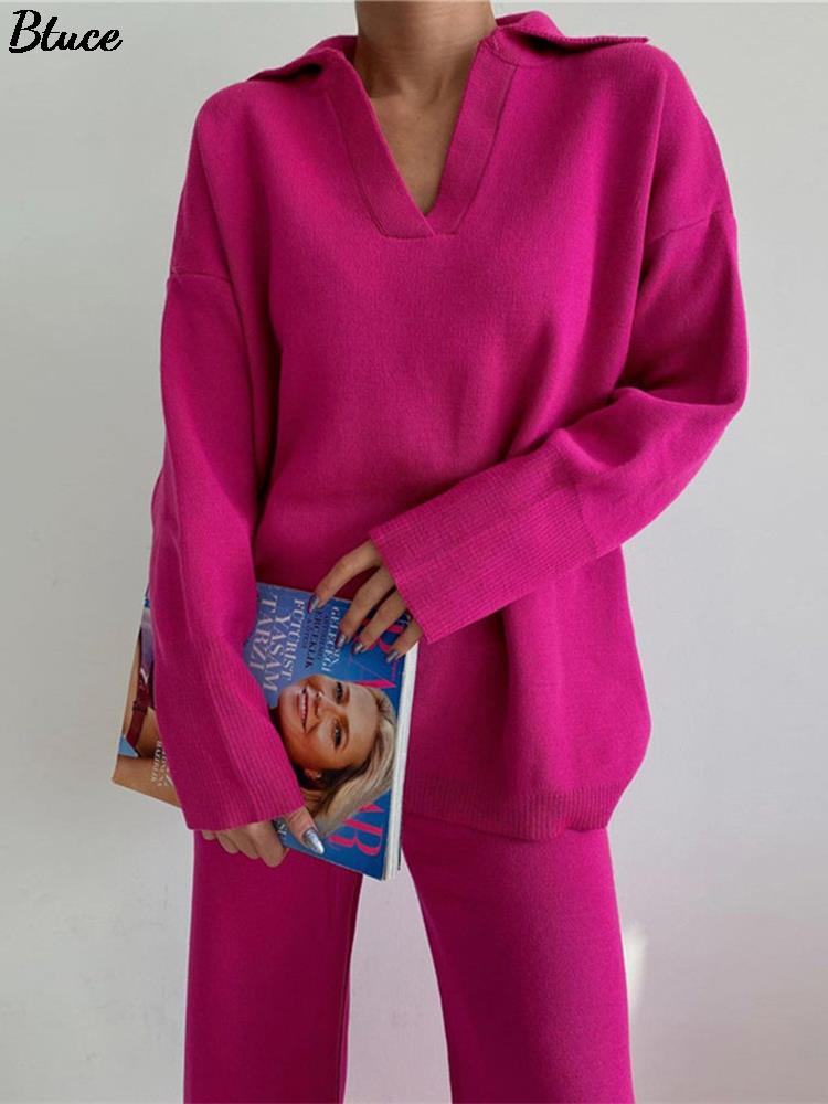 المرأة الصلبة التلبيب فضفاض محبوك سترة مجموعة القطن سترة بنطال ذو قصة أرجل واسعة 2 قطعة دعوى 2022 الخريف الإناث أنيقة رياضية