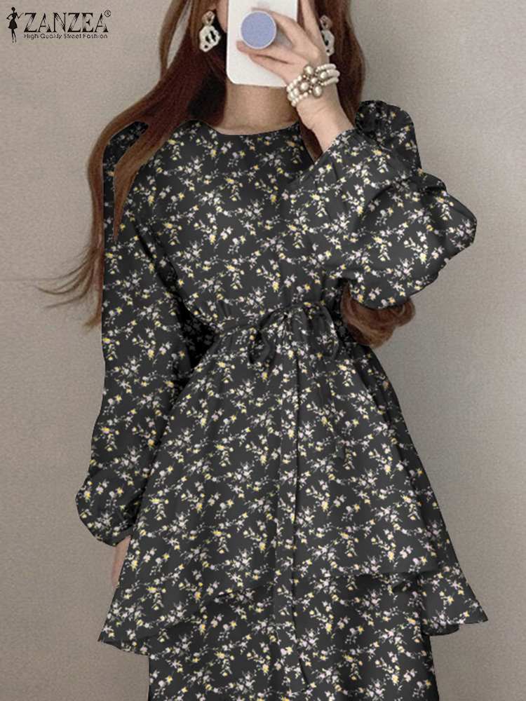 فستان ZANZEA أنيق بطبقات مكشكشة وياقة مزينة بالزهور على طراز بوهيمي للسيدات فستان ميدي أنيق بأكمام قصيرة كوري