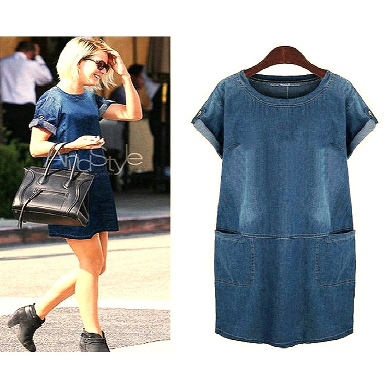 مقاسات كبيرة فستان نسائي ريترو بلون رقبة مستديرة جيب قصير الأكمام سيدة فستان صيفي الدنيم المواد عالية الجودة زائد فستان