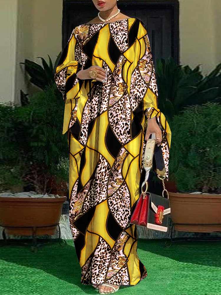 فستان ماكسي بوهيمي ماركة فوندا لعام 2023 فستان نسائي للخريف فستان صيفي مثير بأكمام مضيئة ومزين بطيات فساتين طويلة فضفاضة بطبعة الفهد