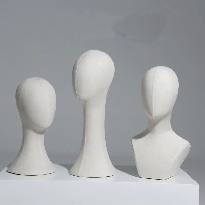 عرض رأس عارضة أزياء مجردة للنساء ، وشاح شعر مستعار ، وشاح رأس ، قلادة ، قماش فوم بإبرة قابلة للإدخال ، قماش مخملي أبيض