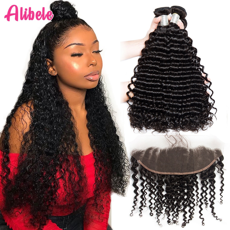Alibele عميق مجعد موجة حزم مع الدانتيل أمامي الماليزي ريمي الشعر البشري 3 حزم مع 13x4 الأذن إلى الأذن الدانتيل إغلاق أمامي