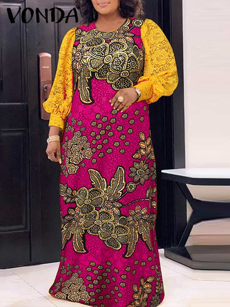 فستان طويل أنيق فوندا المرأة طويلة فانوس كم الأزهار المطبوعة فستان الشمس للحفلات 2022 الخريف عادية الدانتيل المرقعة البوهيمي رداء