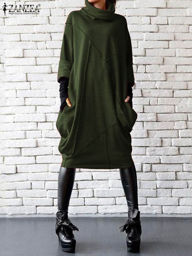 ZANZEA موضة الخريف كم طويل فستان الشمس أنيقة المرأة الياقة المدورة الصلبة حفلة Vestidos رداء فام فستان عادي بطول الركبة