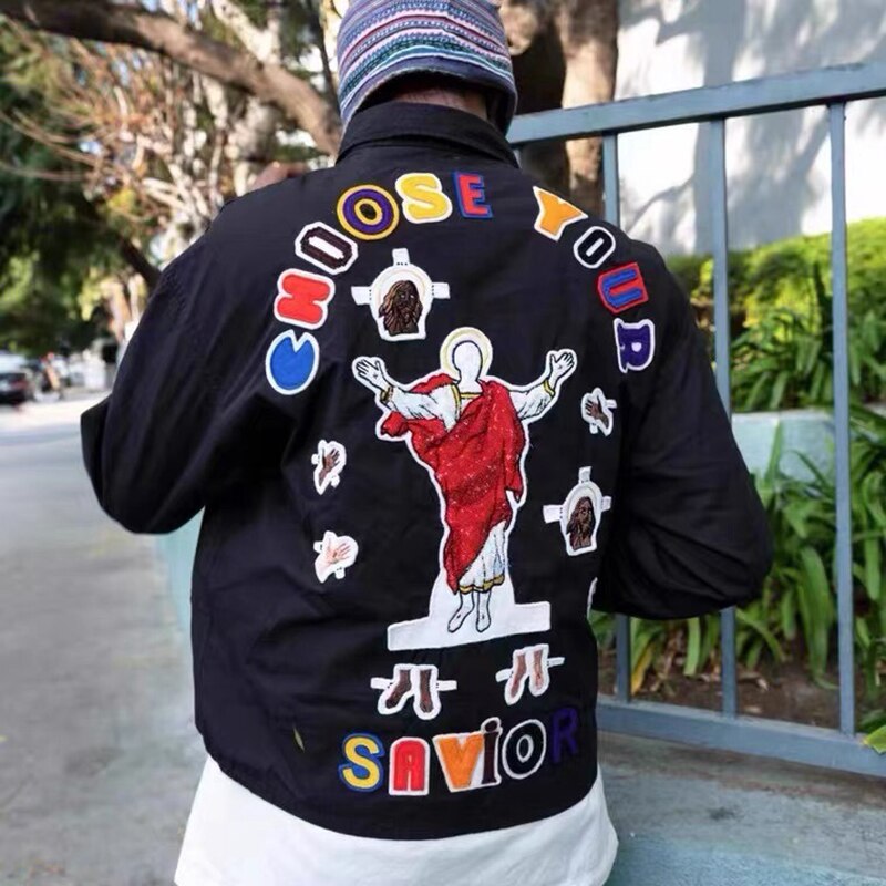 عالية الجودة الرجال النساء سانت مايكل 23SS الدنيم الدموع المطرزة الحب نمط سوينغ سترة غير رسمية الرجال الملابس