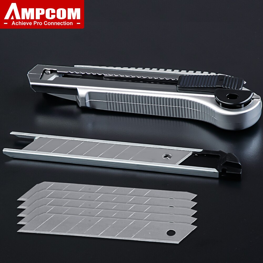 AMPCOM سكّين متعدّد الاستخدامات الثقيلة القاطع قابل للسحب الذاتي تحميل الفولاذ المقاوم للصدأ المفاجئة قبالة تغيير سريع شفرات إضافية (5 قطعة)
